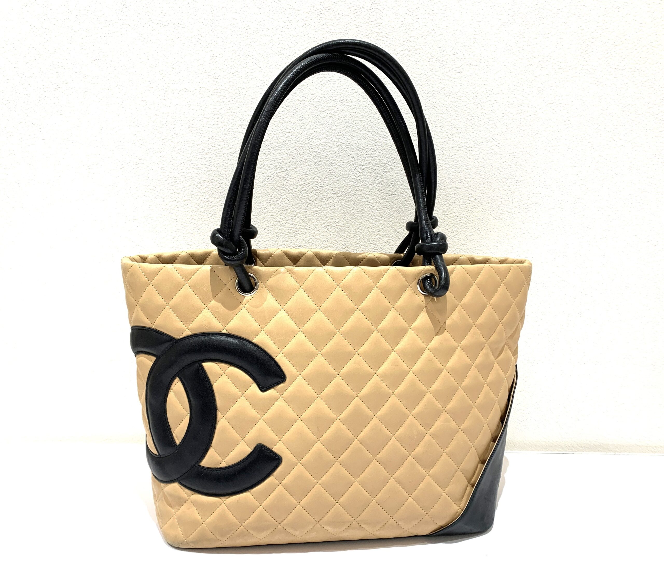 CHANEL/シャネル カンボンライン ラムスキン トート ベージュ×ブラック