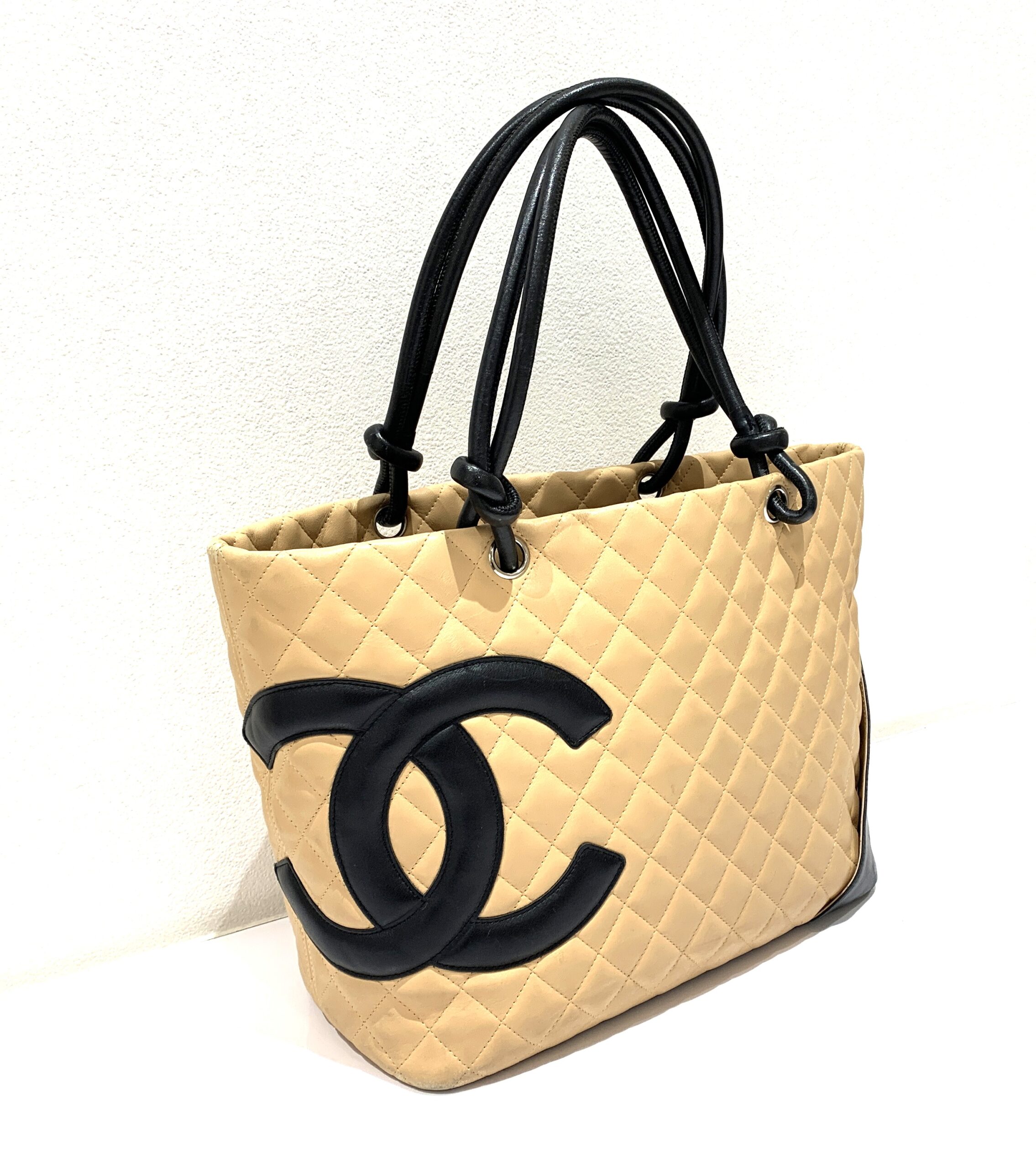CHANEL/シャネル カンボンライン ラムスキン トート ベージュ×ブラック