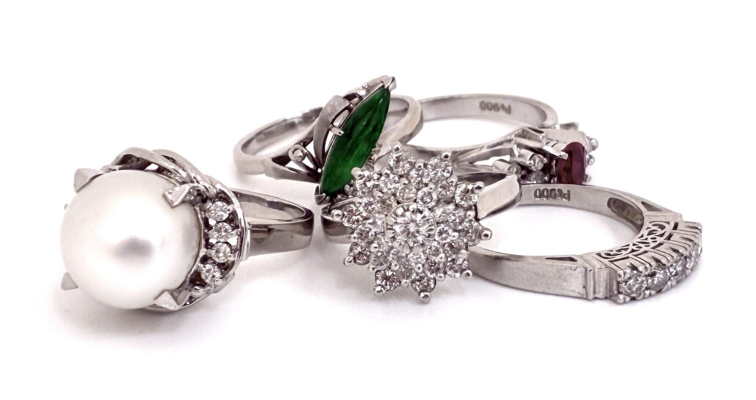 プラチナ900　パールリング　ダイヤモンドリング　ルビーリング　翡翠リング