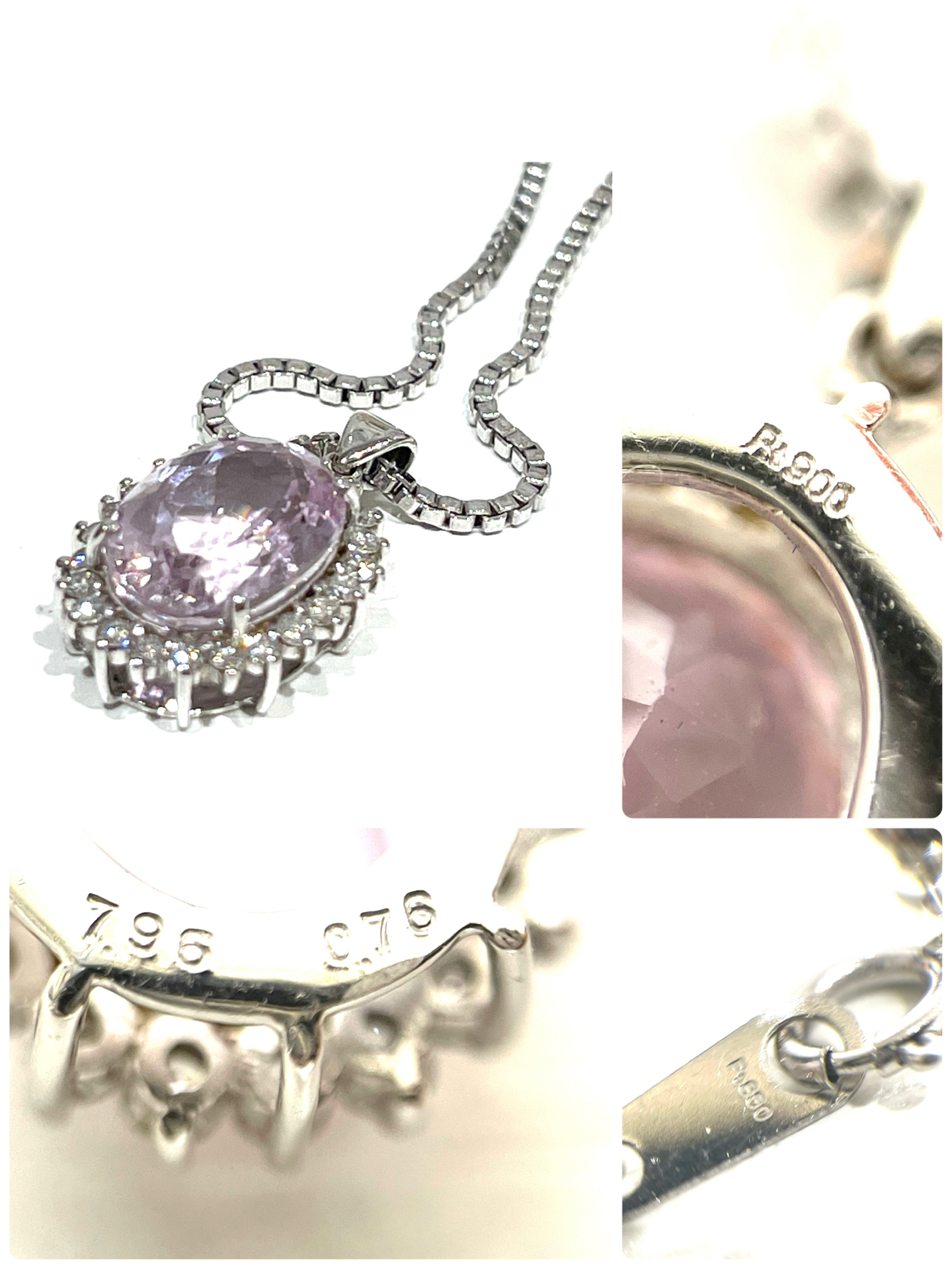 プラチナ Pt850 Pt900　クンツァイト：7.96ct・ダイヤモンド0.76ct付きネックレス