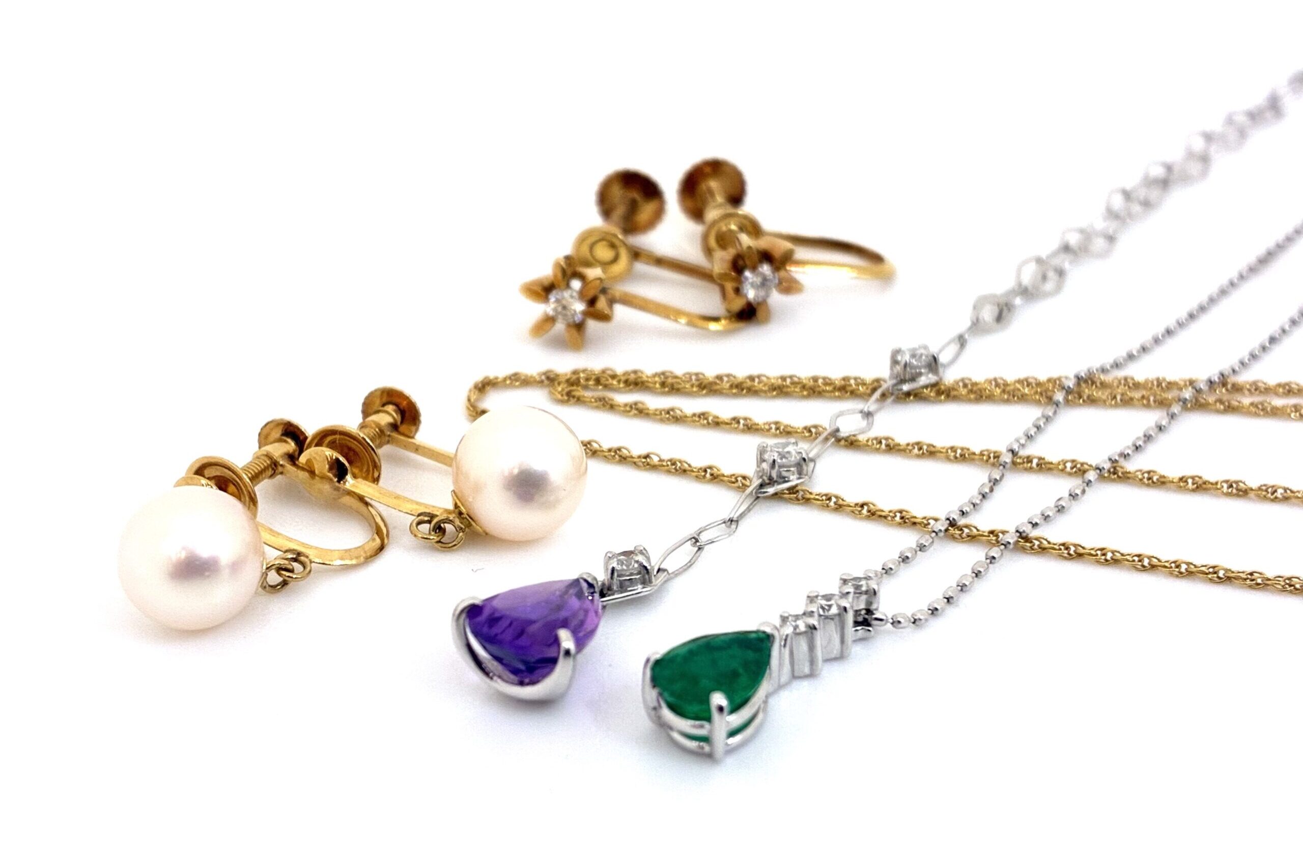 18金/K18 パールイヤリング ロープチェーンネックレス ダイヤモンドイヤリング K18WG 色石ネックレス