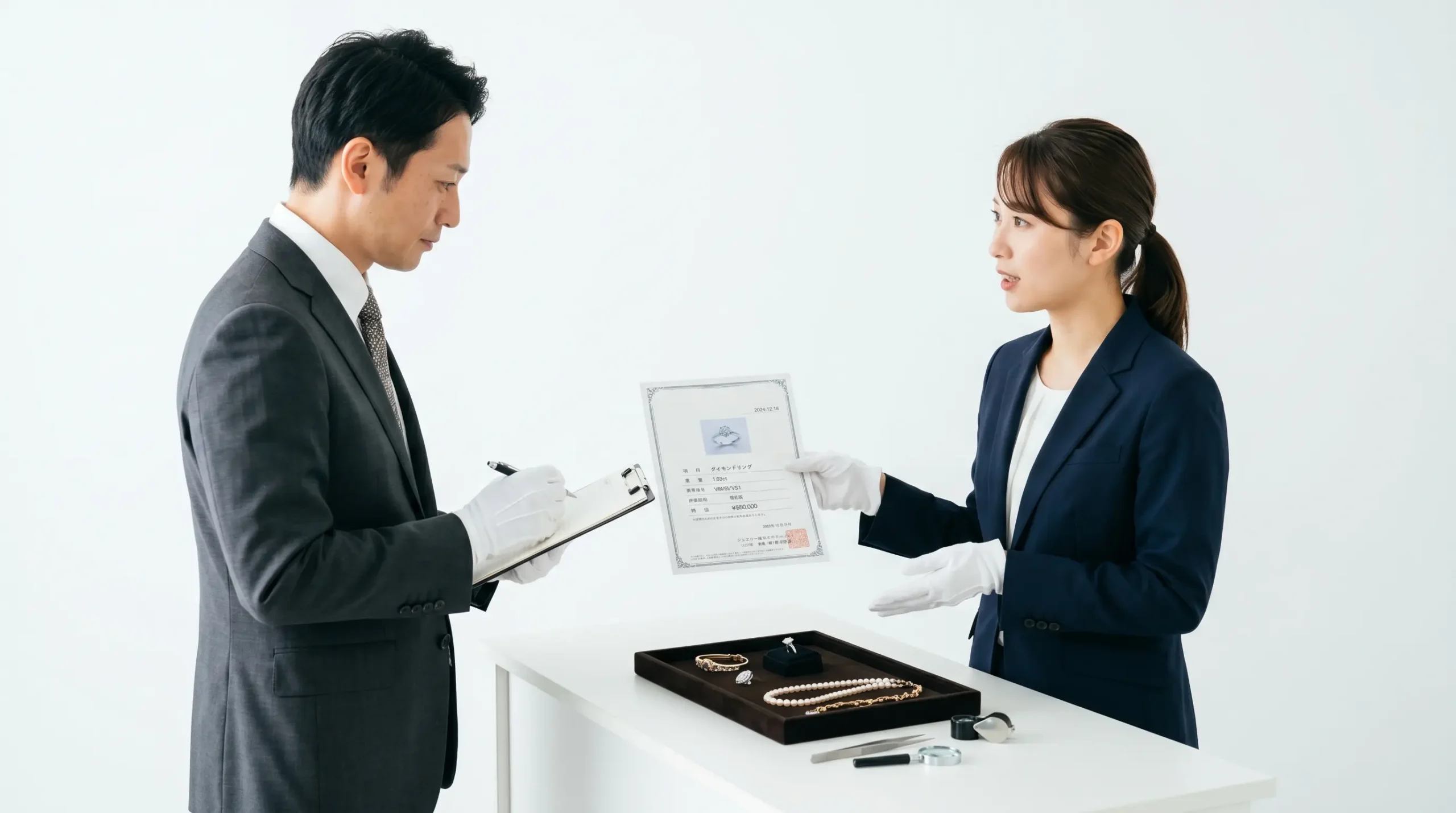 ジュエリー査定をダブルチェックしてる様子