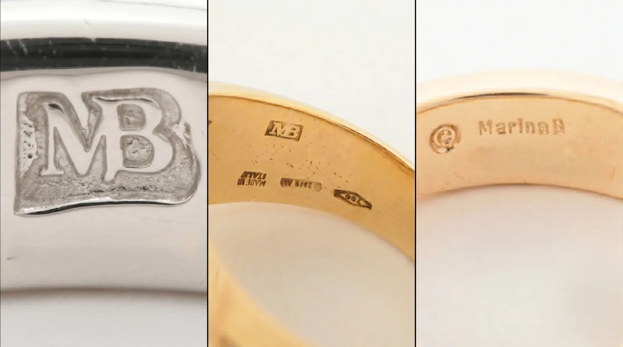 マリナB(MarinaB)のリング内側にあるブランドロゴ「MB」と「MarinaB」の刻印拡大写真