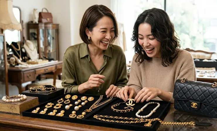 ヴィンテージシャネルを見て喜ぶ若い女性