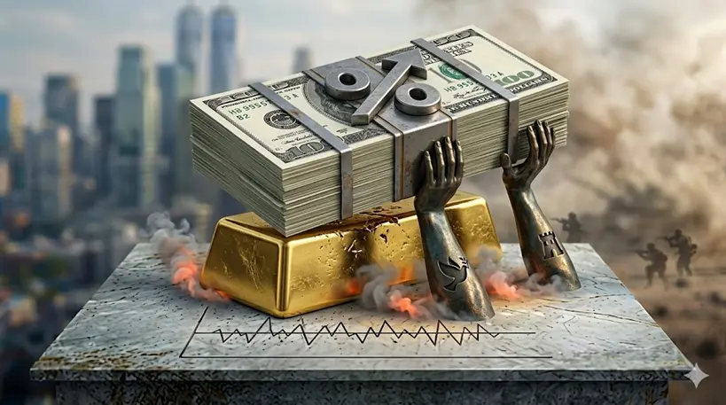 戦争リスクの背景のなか、金インゴットとアメリカの金利(ドル紙幣)が重さで押し合うイメージ画像。