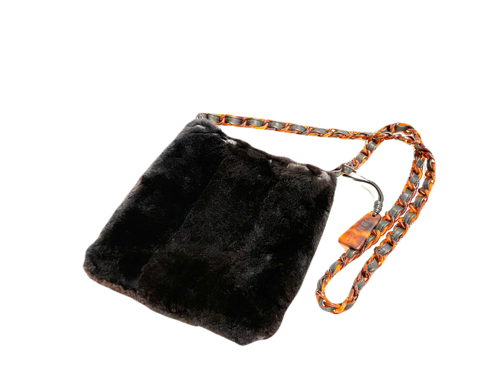 （CHANEL）シャネル ロゴ ファー×レザー チェーンショルダーバッグ べっ甲 ブラウン系 　付属品：シール　5856656