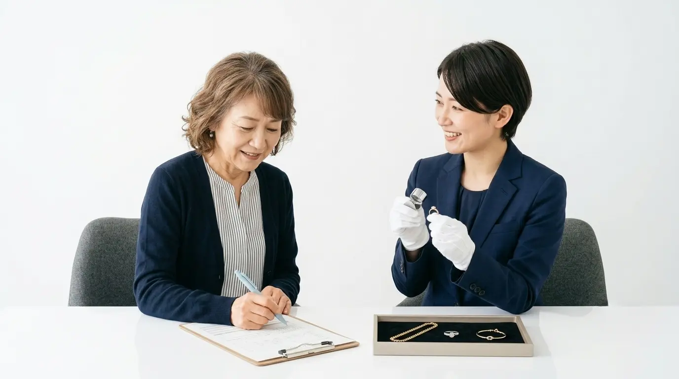買取専門店で、ジュエリーの査定を受けているお客様が、安心した様子で買取申込書に記入しているシーン