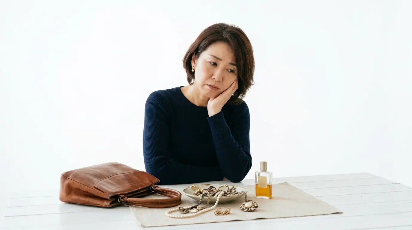古いバッグやアクセサリー、香水などの不用品を前に、買取を諦めかけた暗い表情の女性。