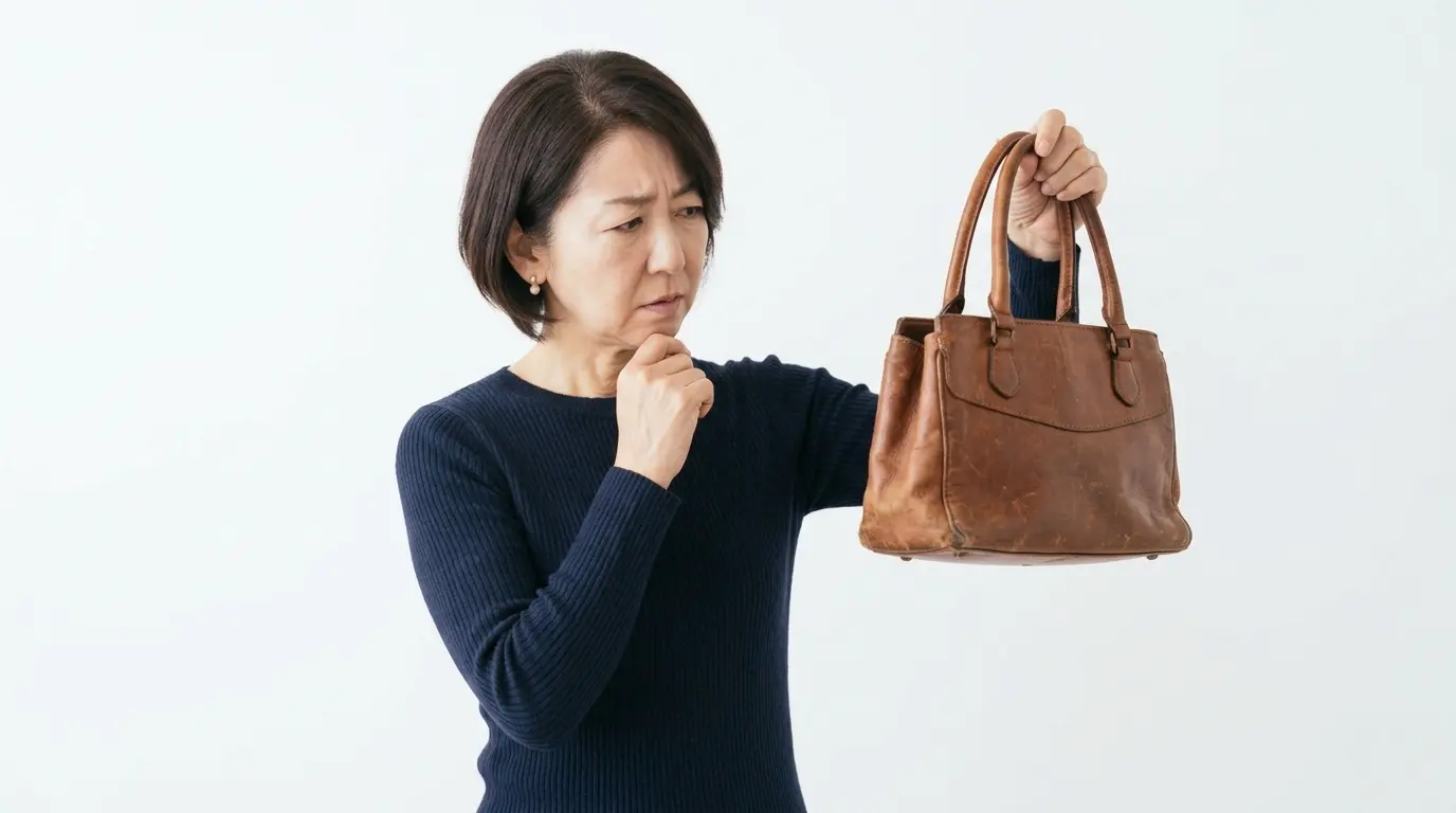古いブランドバッグを手に、買取に出すか処分するか悩む表情のミドル世代女性。